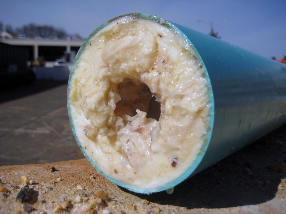 A pipe clogged with thick fats, oil and grease, also known as FOG.